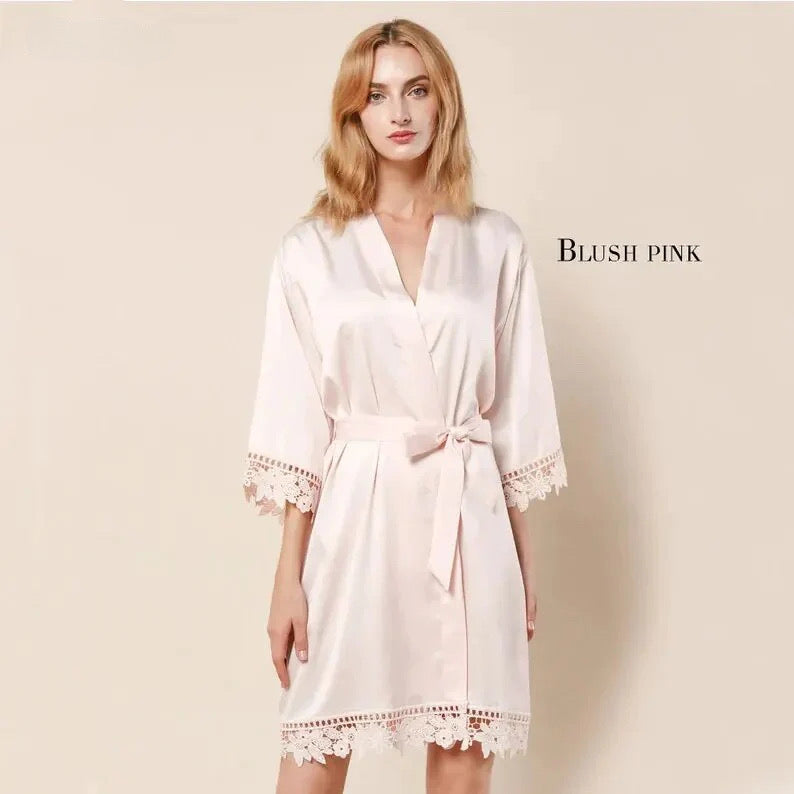 NAME AND TITLE (BRIDE, BRIDESMAID ETC) PRINT SATIN LACE ROBE (AVAILABLE IN 8 COLOURS & SIZES 8 - 20)