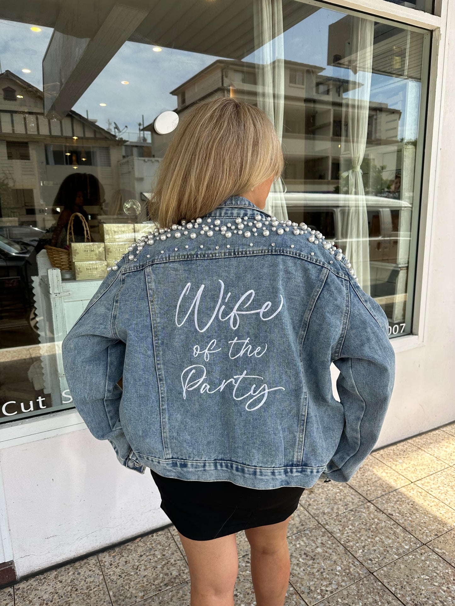DELUXE PEARL & RHINESTONE WIFE OF THE PARTY DENIM JACKET