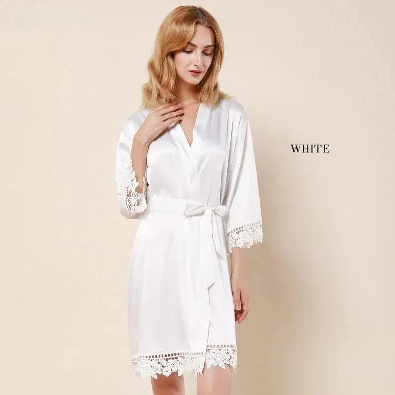 NAME AND TITLE (BRIDE, BRIDESMAID ETC) PRINT SATIN LACE ROBE (AVAILABLE IN 8 COLOURS & SIZES 8 - 20)