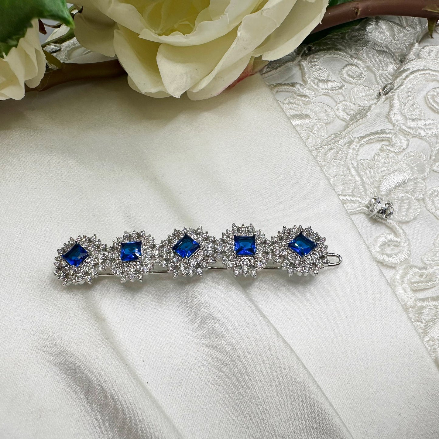 SOMETHING BLUE DELUXE WHITE GOLD PLATED HAIRCLIP - NEW!