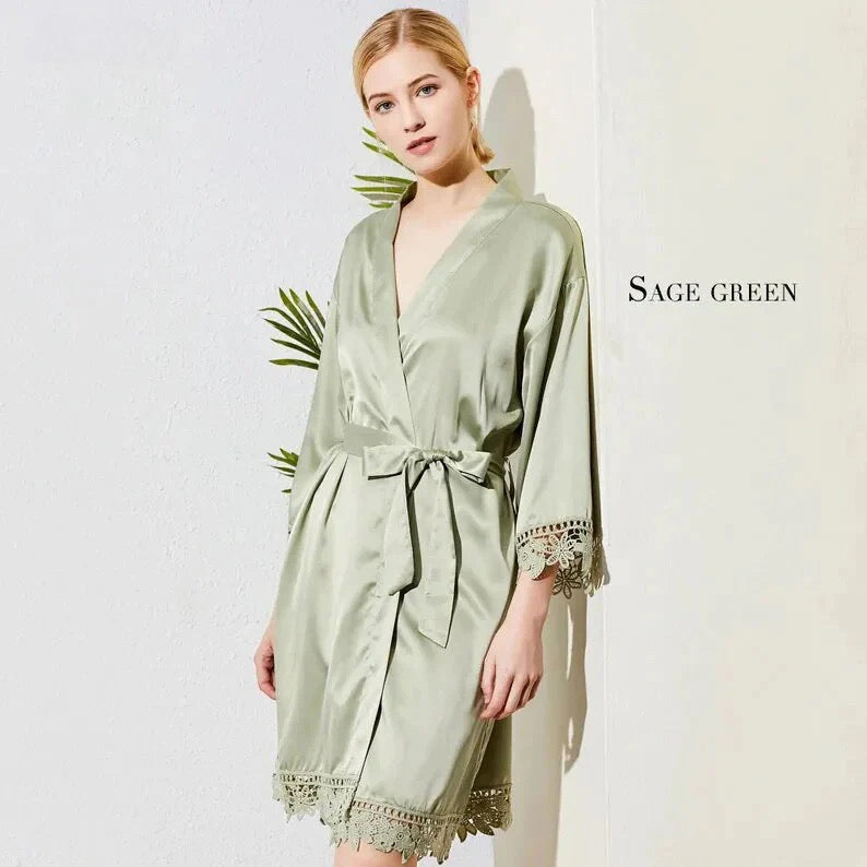 NAME AND TITLE (BRIDE, BRIDESMAID ETC) PRINT SATIN LACE ROBE (AVAILABLE IN 8 COLOURS & SIZES 8 - 20)