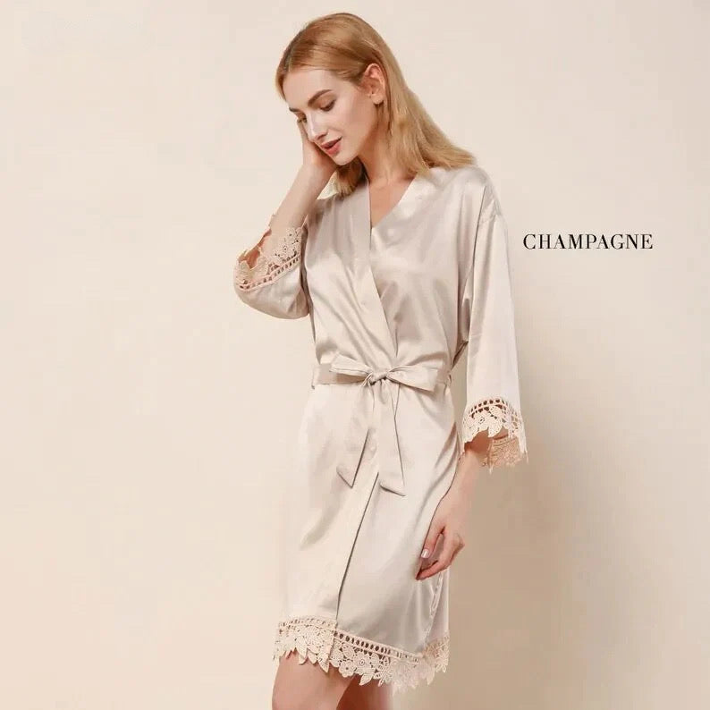 NAME AND TITLE (BRIDE, BRIDESMAID ETC) PRINT SATIN LACE ROBE (AVAILABLE IN 8 COLOURS & SIZES 8 - 20)