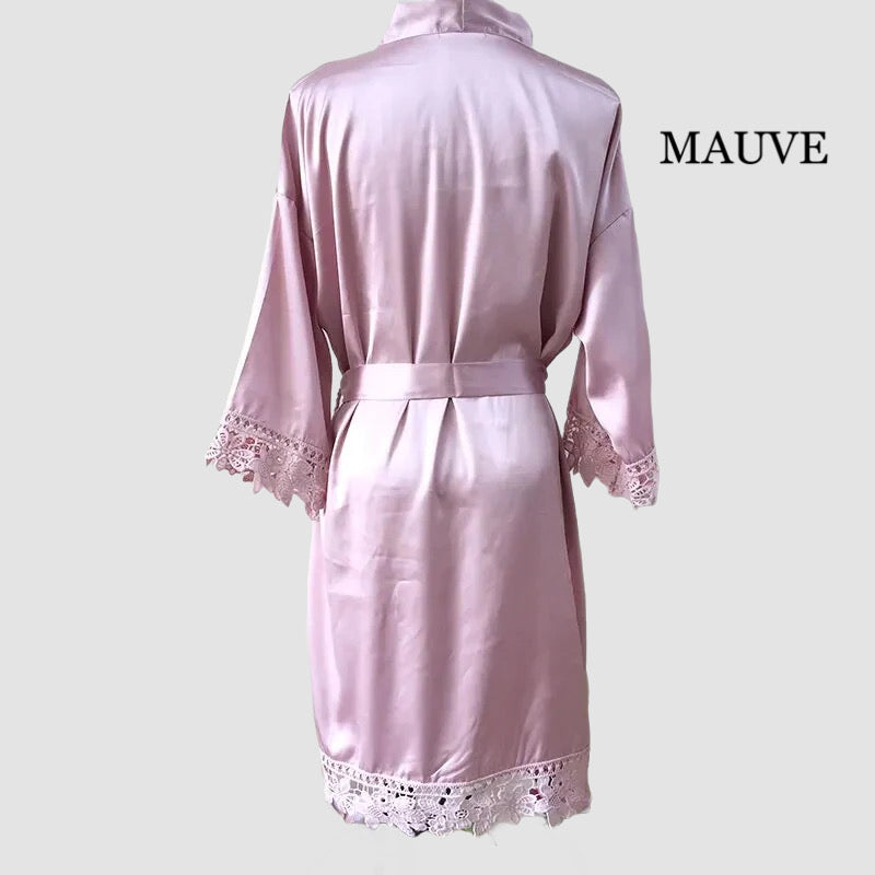 NAME AND TITLE (BRIDE, BRIDESMAID ETC) PRINT SATIN LACE ROBE (AVAILABLE IN 8 COLOURS & SIZES 8 - 20)