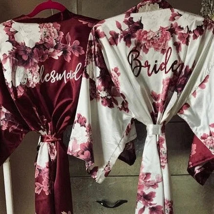 FLORAL SATIN ROBE - FLOWERGIRLS, BRIDESMAIDS & BRIDE (AVAILABLE IN 7 COLOURS & SIZE 8-20) CUSTOMISABLE WITH