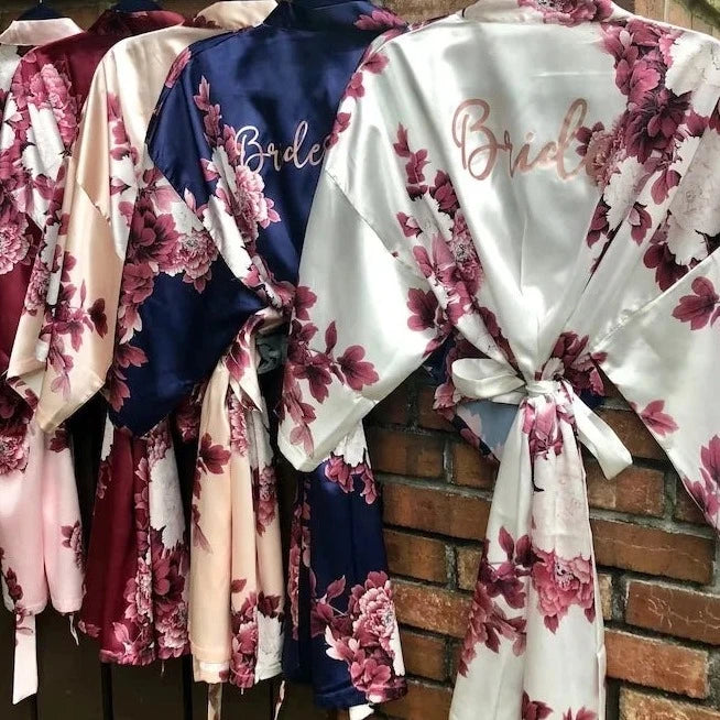 FLORAL SATIN ROBE - FLOWERGIRLS, BRIDESMAIDS & BRIDE (AVAILABLE IN 7 COLOURS & SIZE 8-20) CUSTOMISABLE WITH