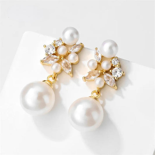 OLIVIA CRYSTAL & SIMULATED PEARL DROP EARRINGS IN GOLD OR SILVER