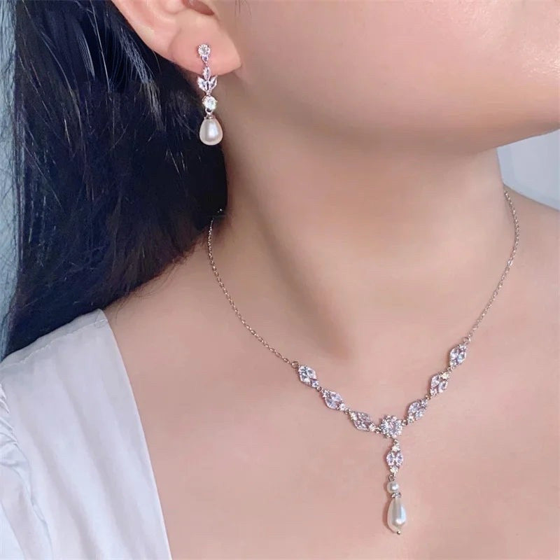 PALOMA LUXURY SIMULATED DROP PEARL AND CUBIC ZIRCONIA NECKLACE AND EARRING SET