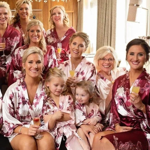 FLORAL SATIN ROBE - FLOWERGIRLS, BRIDESMAIDS & BRIDE (AVAILABLE IN 7 COLOURS & SIZE 8-20) CUSTOMISABLE WITH