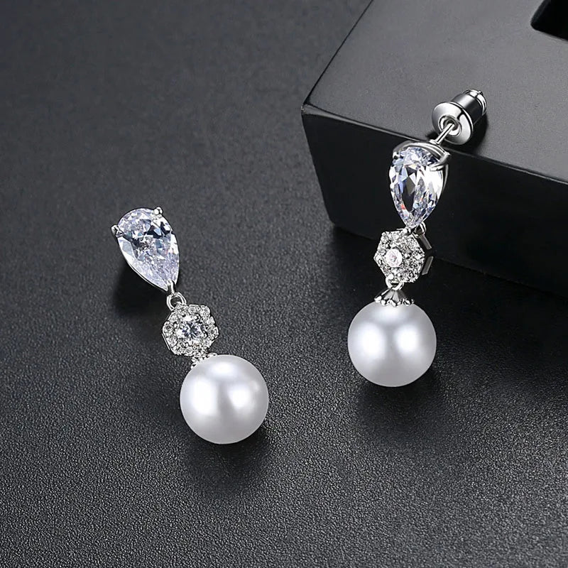 AMAL CLOONEY CELEBRITY INSPIRED CUBIC ZIRCONIA AND PEARL WEDDING EARRINGS