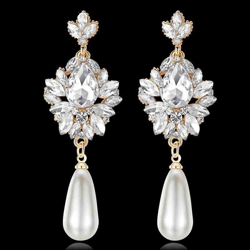 LUCIENNE CRYSTAL & SIMULATED PEARL DROP EARRINGS IN GOLD OR SILVER