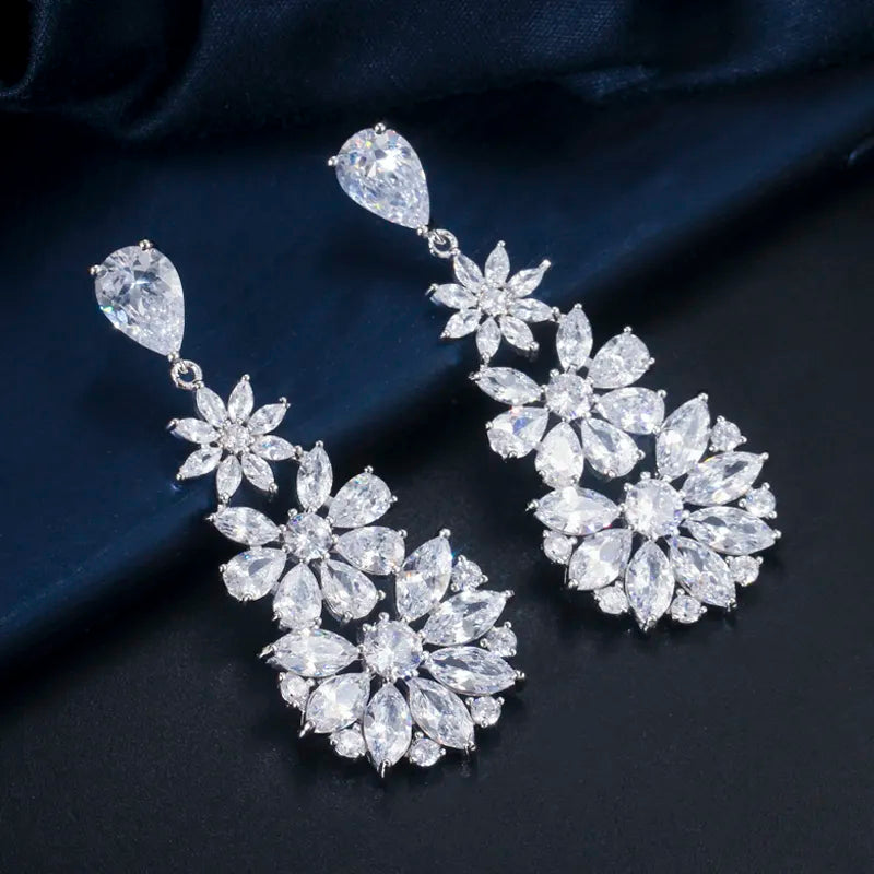FLORETTE LUXURY CUBIC ZIRCONIA DROP EARRINGS IN GOLD OR SILVER