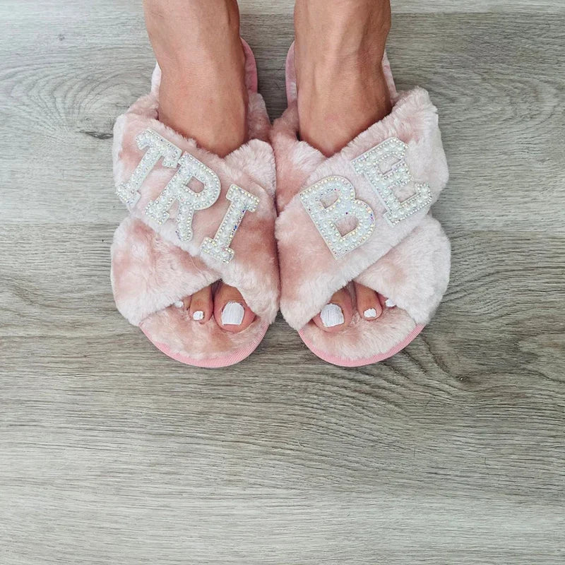 PLUSH PEARL FLUFFY SLIPPERS BRIDE, BRIDESMAIDS & BRIDAL PARTY
