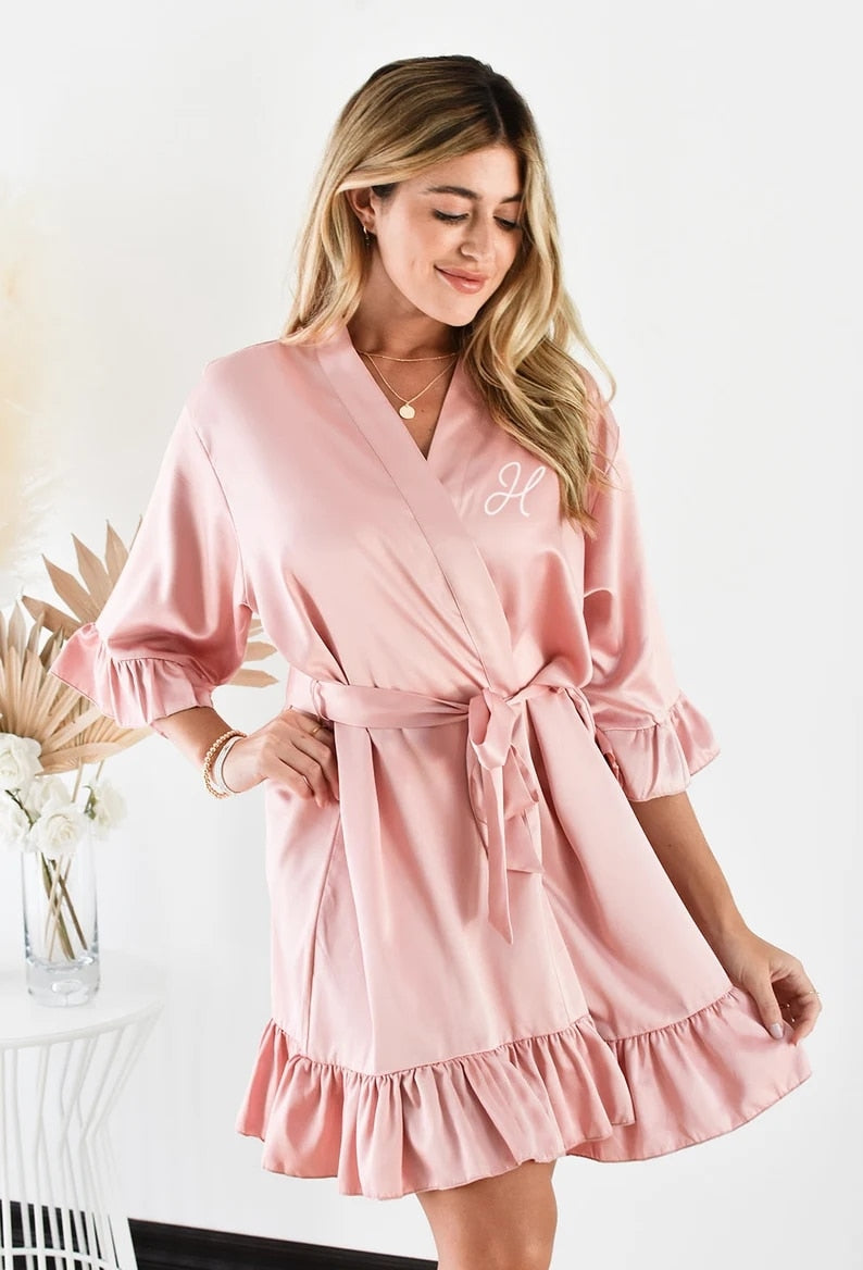 MONOGRAM EMBROIDERED SATIN RUFFLE ROBE - BRIDESMAIDS & BRIDE (AVAILABLE IN 8 COLOURS & SIZES 8-20)