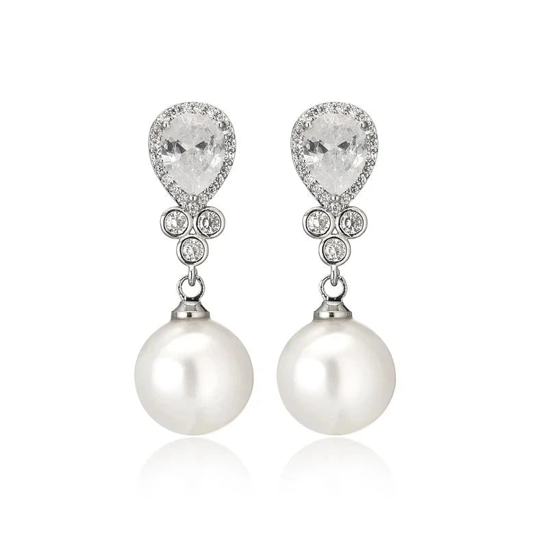 VICTORIA CRYSTAL & SIMULATED PEARL DROP EARRINGS IN GOLD OR SILVER