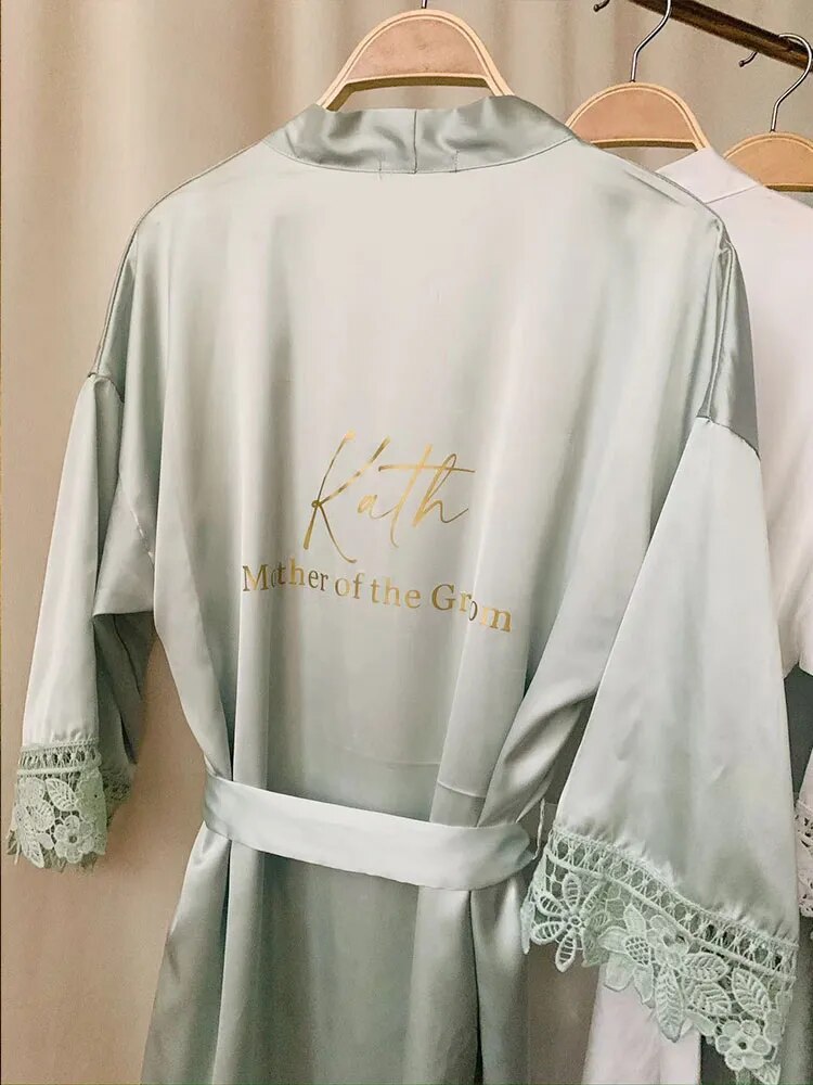 NAME AND TITLE (BRIDE, BRIDESMAID ETC) PRINT SATIN LACE ROBE (AVAILABLE IN 8 COLOURS & SIZES 8 - 20)