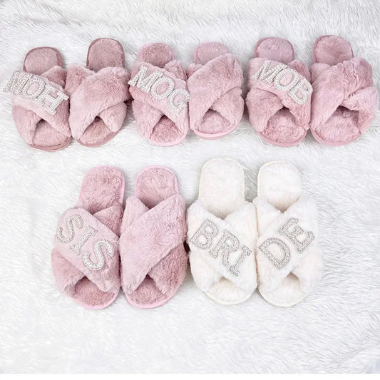 PLUSH PEARL FLUFFY SLIPPERS BRIDE, BRIDESMAIDS & BRIDAL PARTY