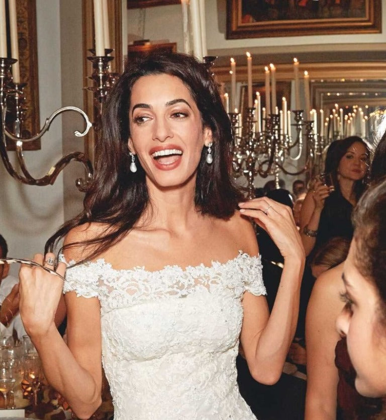 AMAL CLOONEY CELEBRITY INSPIRED CUBIC ZIRCONIA AND PEARL WEDDING EARRINGS