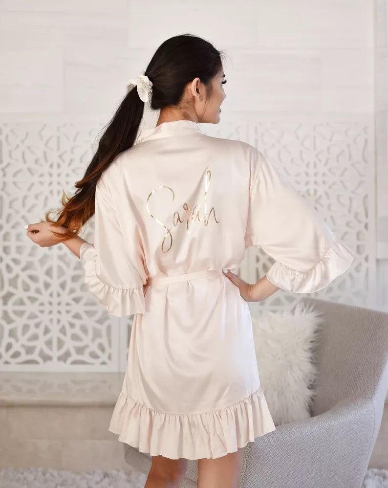 FIRST NAME PERSONALISED PRINT SATIN RUFFLE ROBE (AVAILABLE IN 8 COLOURS & SIZES 8 - 20)