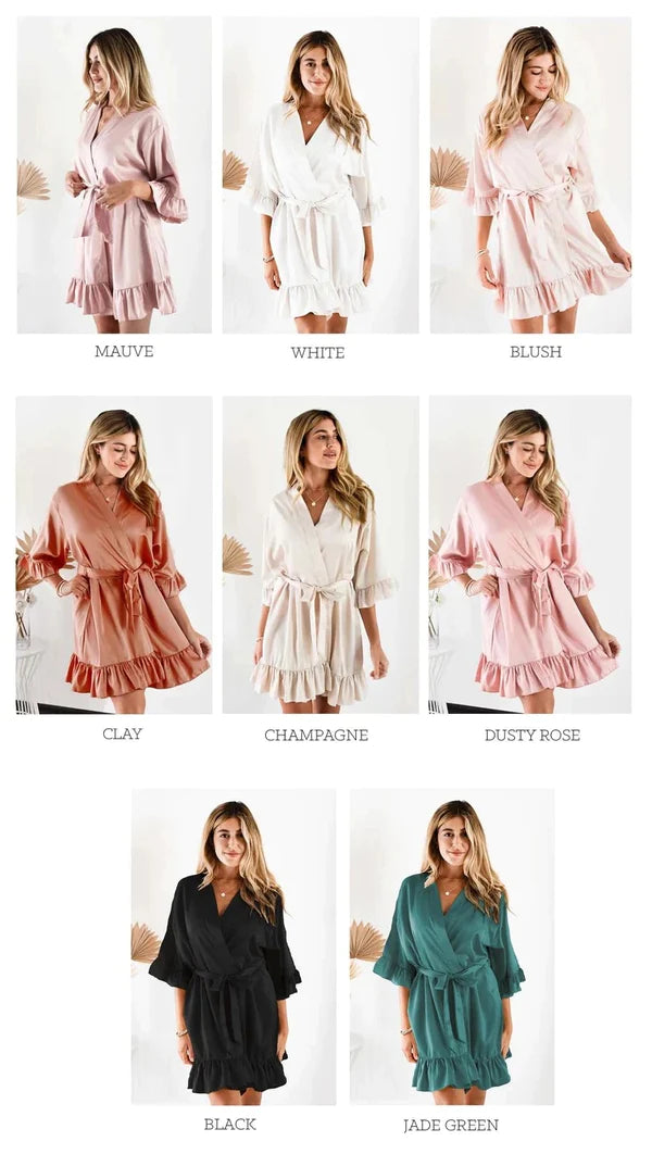 FIRST NAME PERSONALISED PRINT SATIN RUFFLE ROBE (AVAILABLE IN 8 COLOURS & SIZES 8 - 20)
