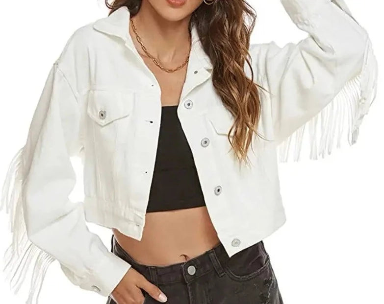 CROPPED FRINGE JACKET IN WHITE