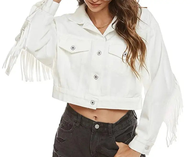 CROPPED FRINGE JACKET IN WHITE
