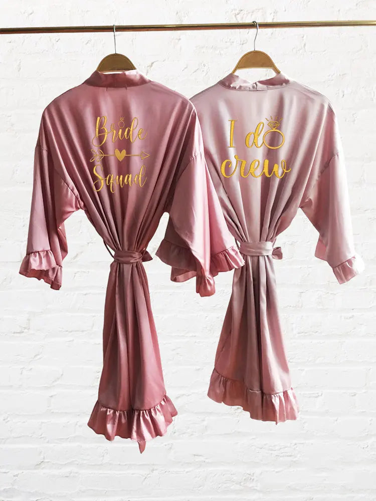 BRIDE, BRIDE SQUAD, I-DO CREW, BRIDESMAIDS, BESTIE OF THE BRIDE AND OTHER BRIDAL PARTY RUFFLE SATIN ROBE (AVAILABLE IN SIZES 8 - 20)