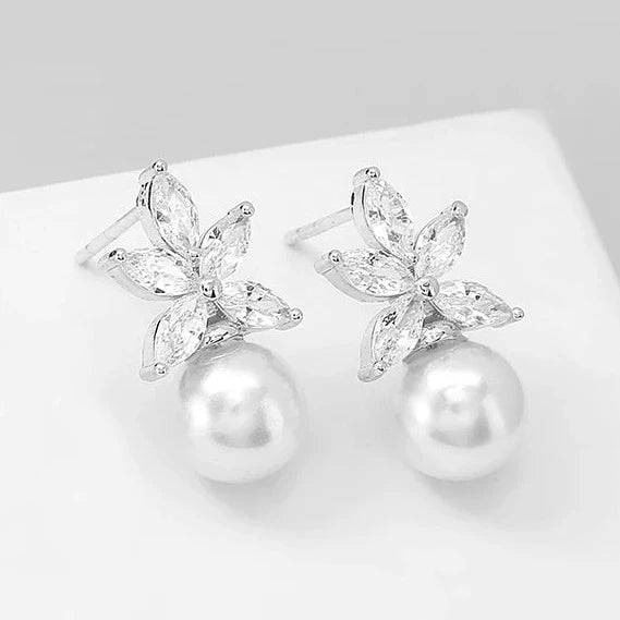 JENNIFER LOPEZ CELEBRITY INSPIRED CUBIC ZIRCONIA AND PEARL WEDDING EARRINGS