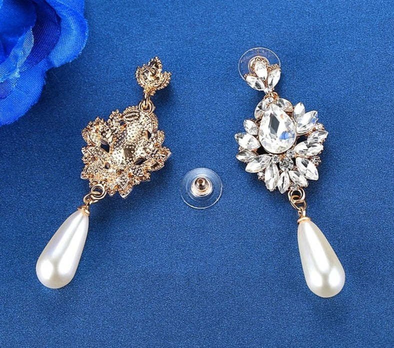 LUCIENNE CRYSTAL & SIMULATED PEARL DROP EARRINGS IN GOLD OR SILVER