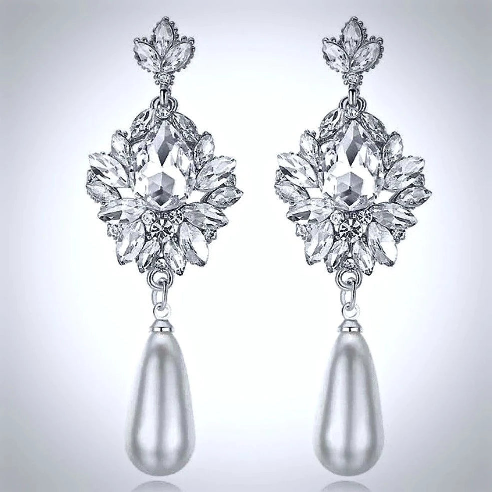 LUCIENNE CRYSTAL & SIMULATED PEARL DROP EARRINGS IN GOLD OR SILVER