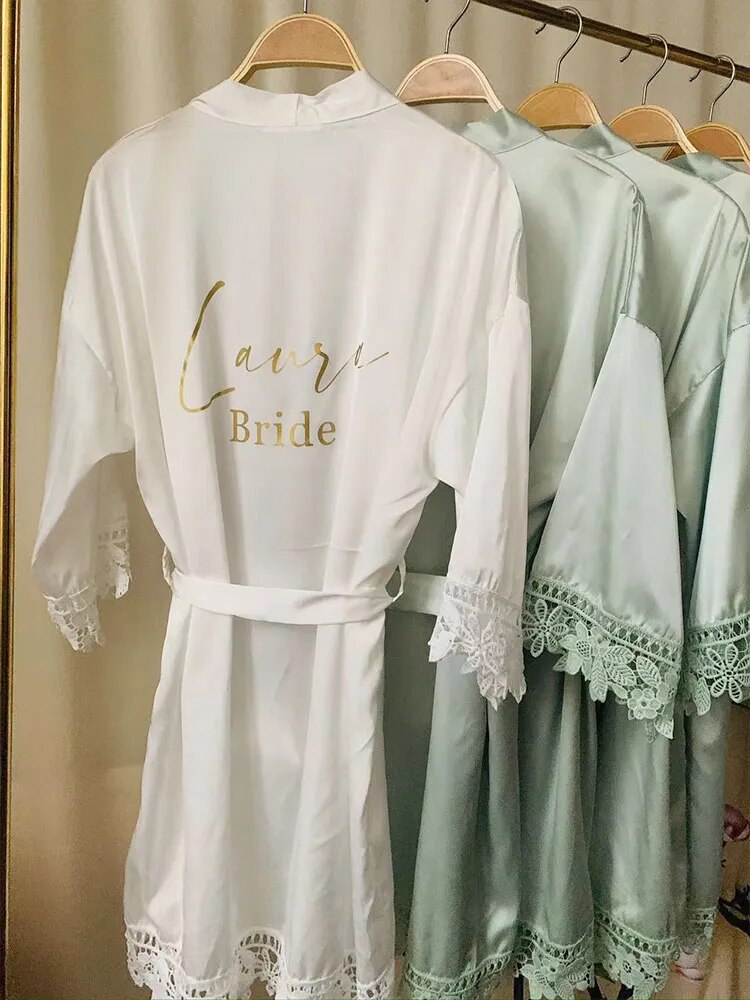 NAME AND TITLE (BRIDE, BRIDESMAID ETC) PRINT SATIN LACE ROBE (AVAILABLE IN 8 COLOURS & SIZES 8 - 20)