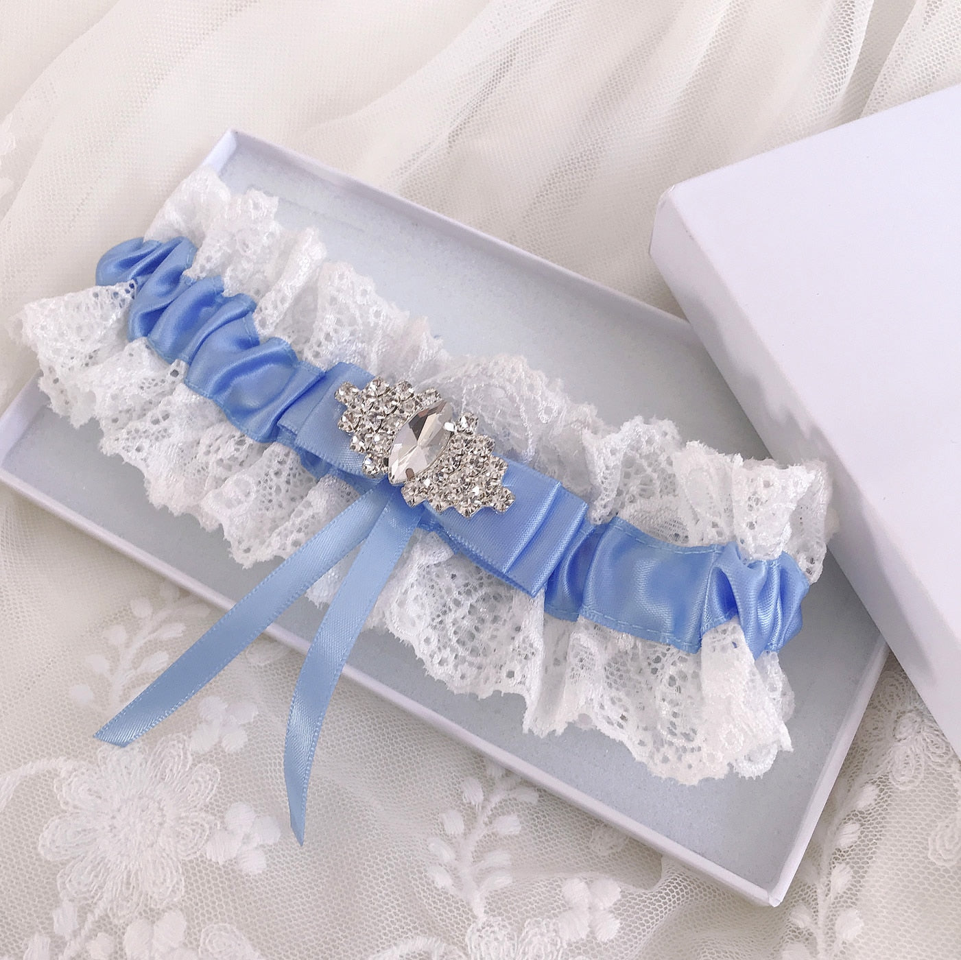 SOMETHING BLUE ELODY FRENCH LACE & CRYSTAL SATIN RIBBON GARTER