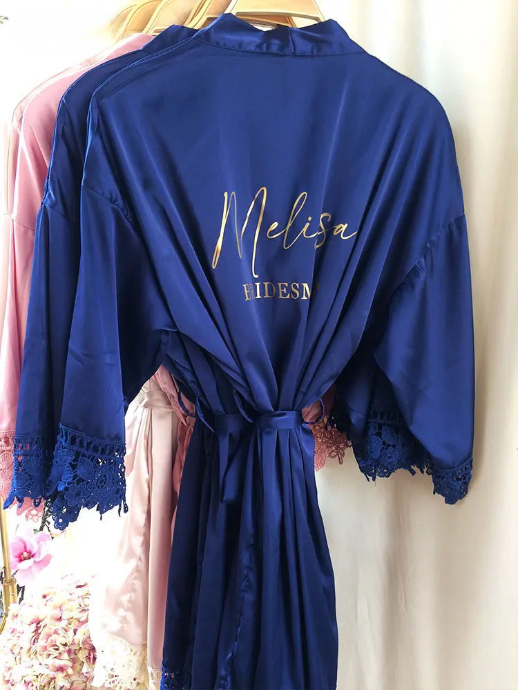SOMETHING BLUE NAVY NAME AND TITLE (BRIDE, BRIDESMAID ETC) PRINT SATIN LACE ROBE (AVAILABLE IN 8 COLOURS & SIZES 8 - 20)