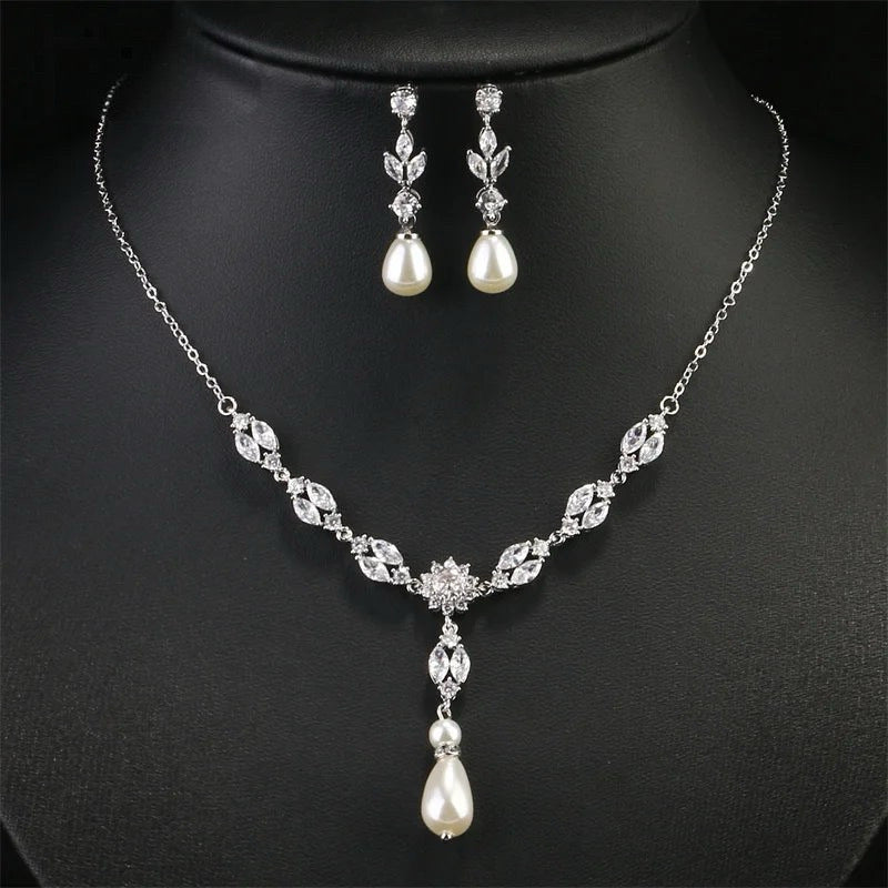 PALOMA LUXURY SIMULATED DROP PEARL AND CUBIC ZIRCONIA NECKLACE AND EARRING SET
