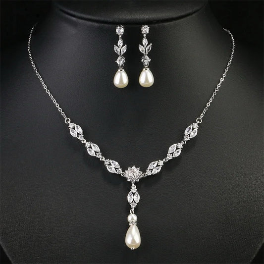 PALOMA LUXURY SIMULATED DROP PEARL AND CUBIC ZIRCONIA NECKLACE AND EARRING SET