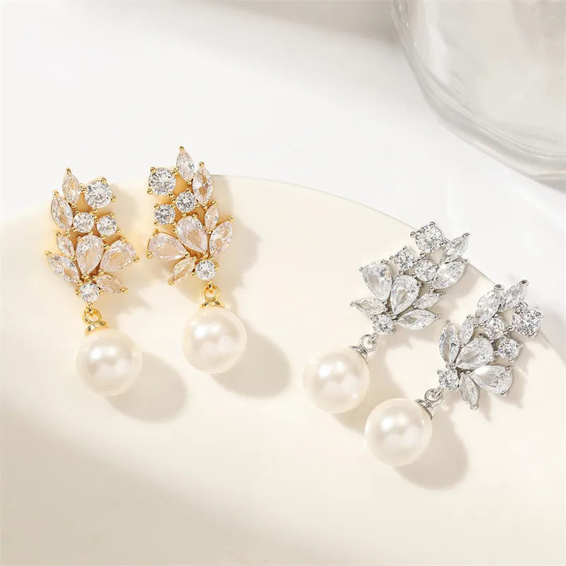 ROSALIND LUXURY CUBIC ZIRCONIA & SIMULATED PEARL DROP EARRINGS IN GOLD OR SILVER