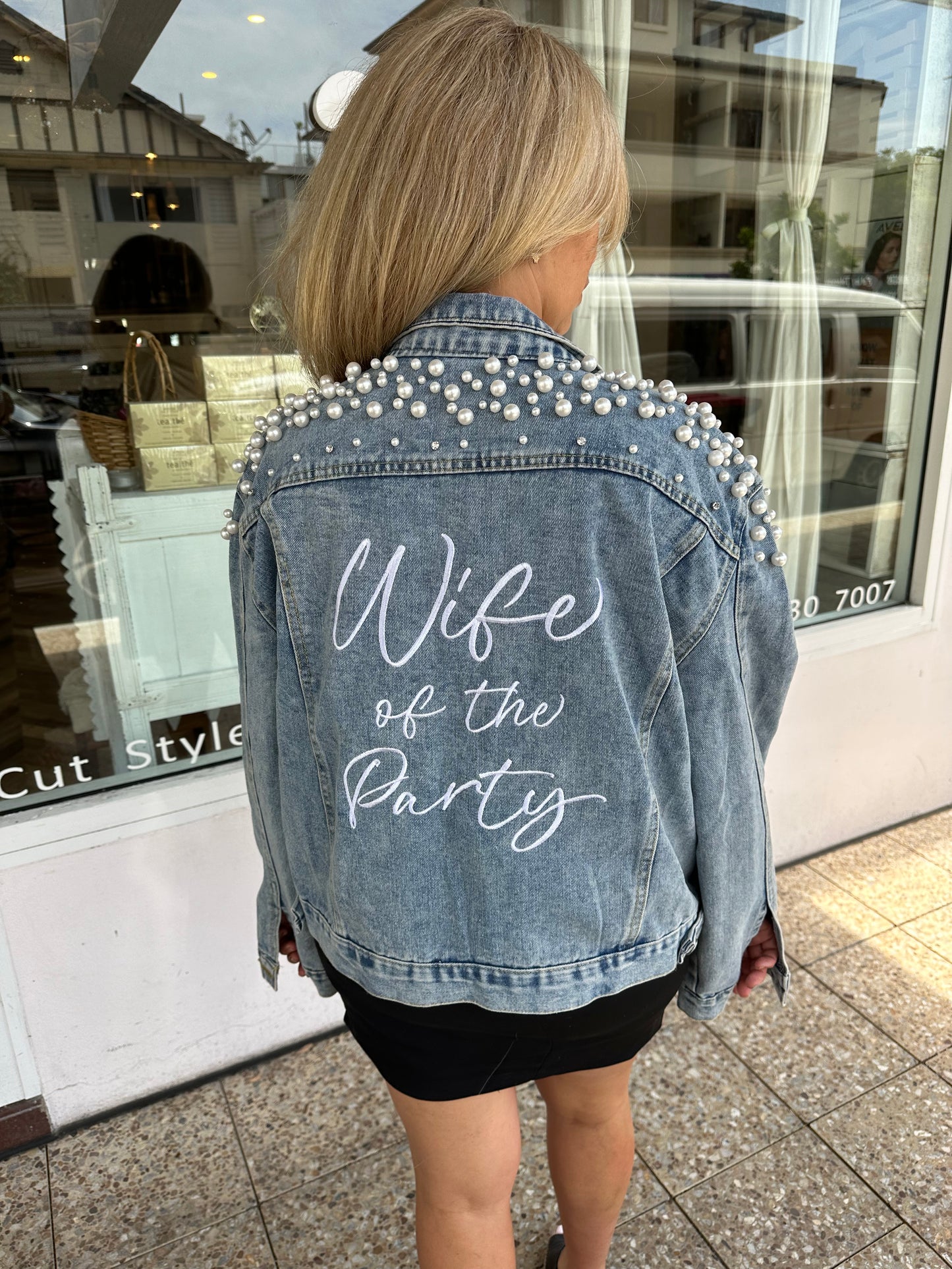 DELUXE PEARL & RHINESTONE WIFE OF THE PARTY DENIM JACKET
