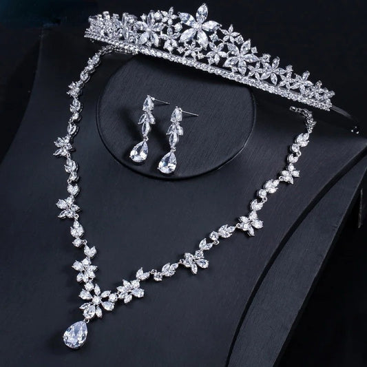 IRIS 3 PIECE DELUXE CRYSTAL DROP NECKLACE, TIARA AND EARRING SET IN SILVER