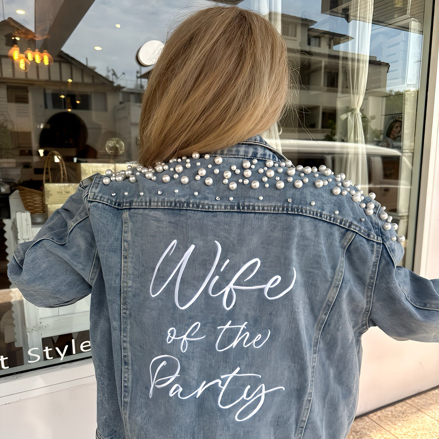 DELUXE PEARL & RHINESTONE WIFE OF THE PARTY DENIM JACKET