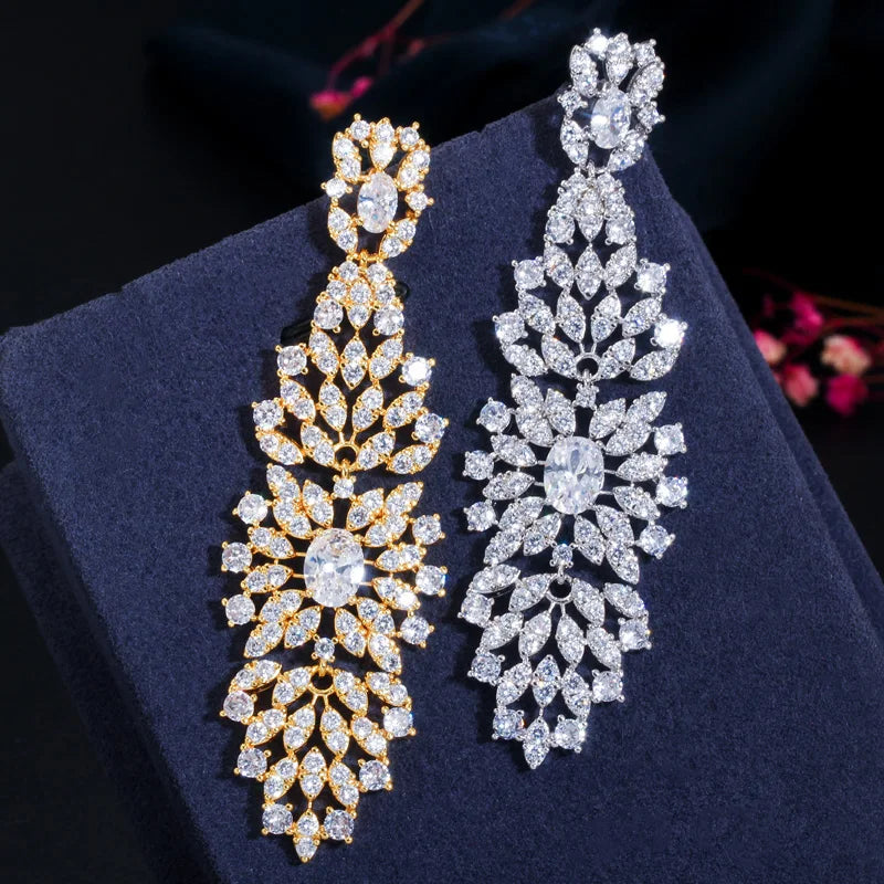 BIJOU LUXURY LONG CUBIC ZIRCONIA DROP EARRINGS IN GOLD OR SILVER