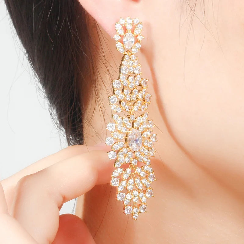 BIJOU LUXURY LONG CUBIC ZIRCONIA DROP EARRINGS IN GOLD OR SILVER