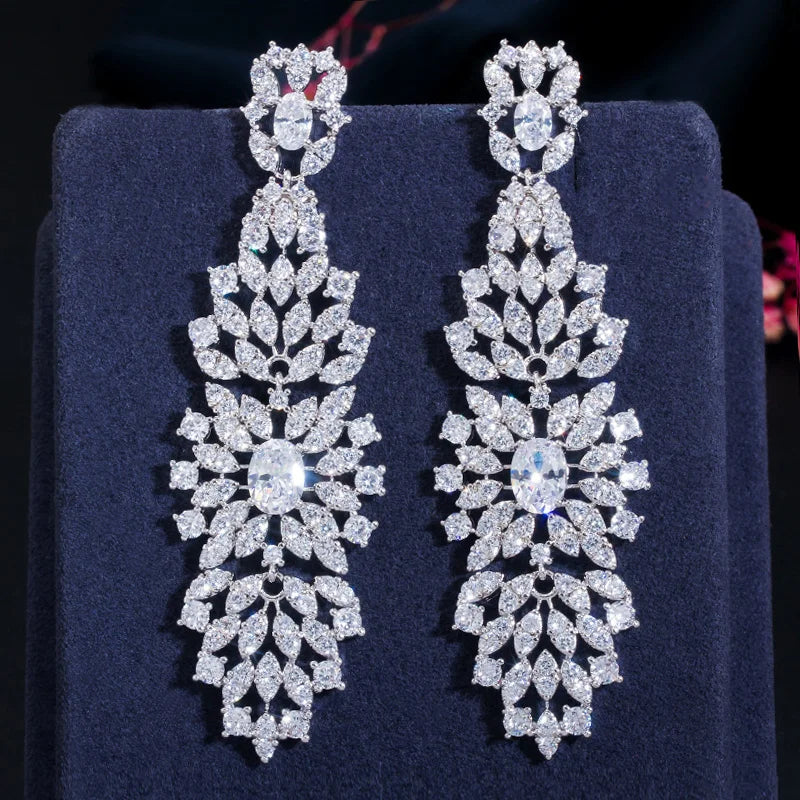 BIJOU LUXURY LONG CUBIC ZIRCONIA DROP EARRINGS IN GOLD OR SILVER