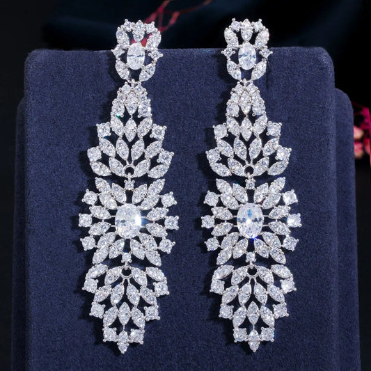 BIJOU LUXURY LONG CUBIC ZIRCONIA DROP EARRINGS IN GOLD OR SILVER