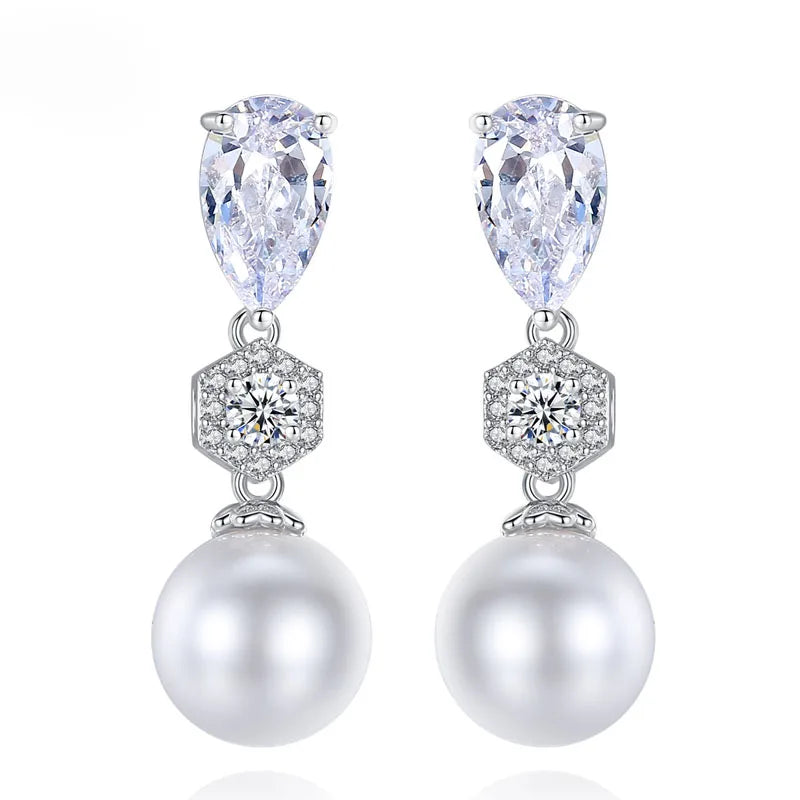 AMAL CLOONEY CELEBRITY INSPIRED CUBIC ZIRCONIA AND PEARL WEDDING EARRINGS