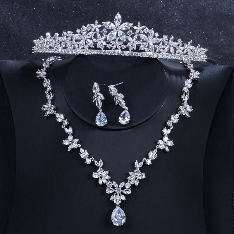 IRIS 3 PIECE DELUXE CRYSTAL DROP NECKLACE, TIARA AND EARRING SET IN SILVER