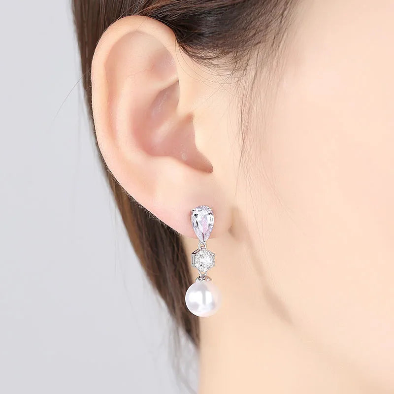 AMAL CLOONEY CELEBRITY INSPIRED CUBIC ZIRCONIA AND PEARL WEDDING EARRINGS