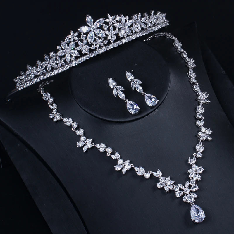 IRIS 3 PIECE DELUXE CRYSTAL DROP NECKLACE, TIARA AND EARRING SET IN SILVER