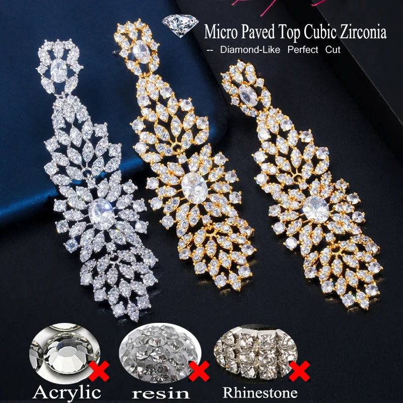 BIJOU LUXURY LONG CUBIC ZIRCONIA DROP EARRINGS IN GOLD OR SILVER