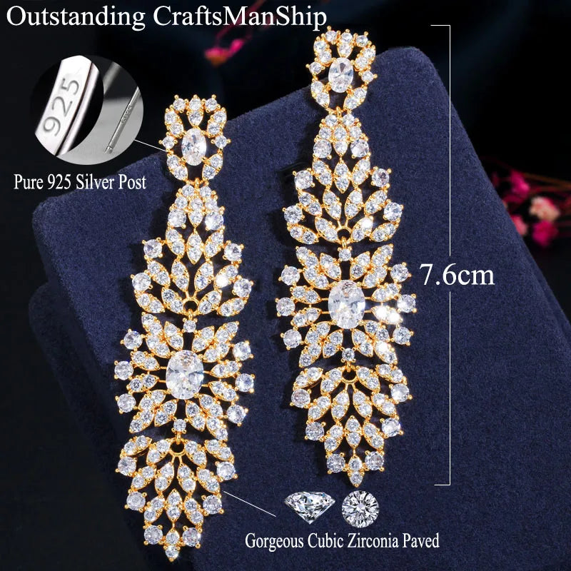BIJOU LUXURY LONG CUBIC ZIRCONIA DROP EARRINGS IN GOLD OR SILVER
