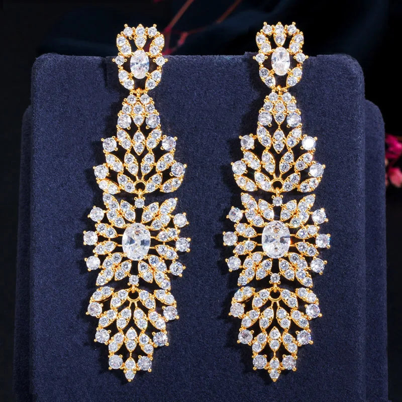 BIJOU LUXURY LONG CUBIC ZIRCONIA DROP EARRINGS IN GOLD OR SILVER