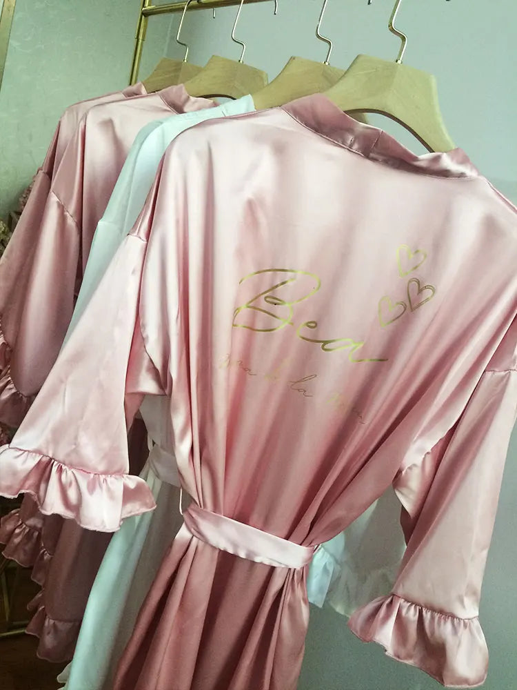 HEART, BUTTERFLY OR STARS NAME & TITLE PRINT SATIN RUFFLE ROBE (AVAILABLE IN 8 COLOURS & SIZES 8 - 20) - NEW!